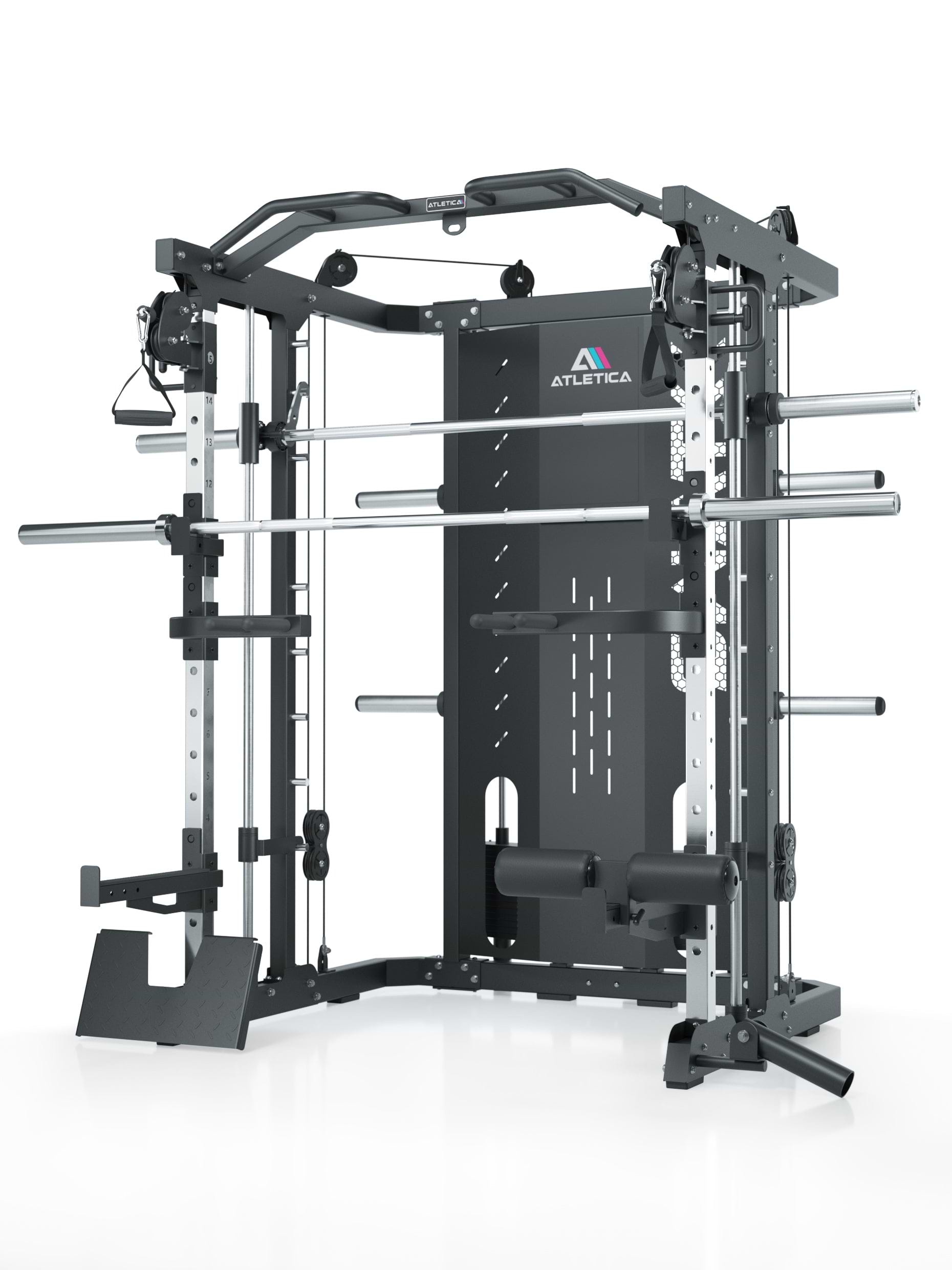 All-in-one-Kraftstation mit 226 cm Höhe | Power Rack, Smith Machine, Dualer Kabelzug mit 2x50kg Gewichtsblock