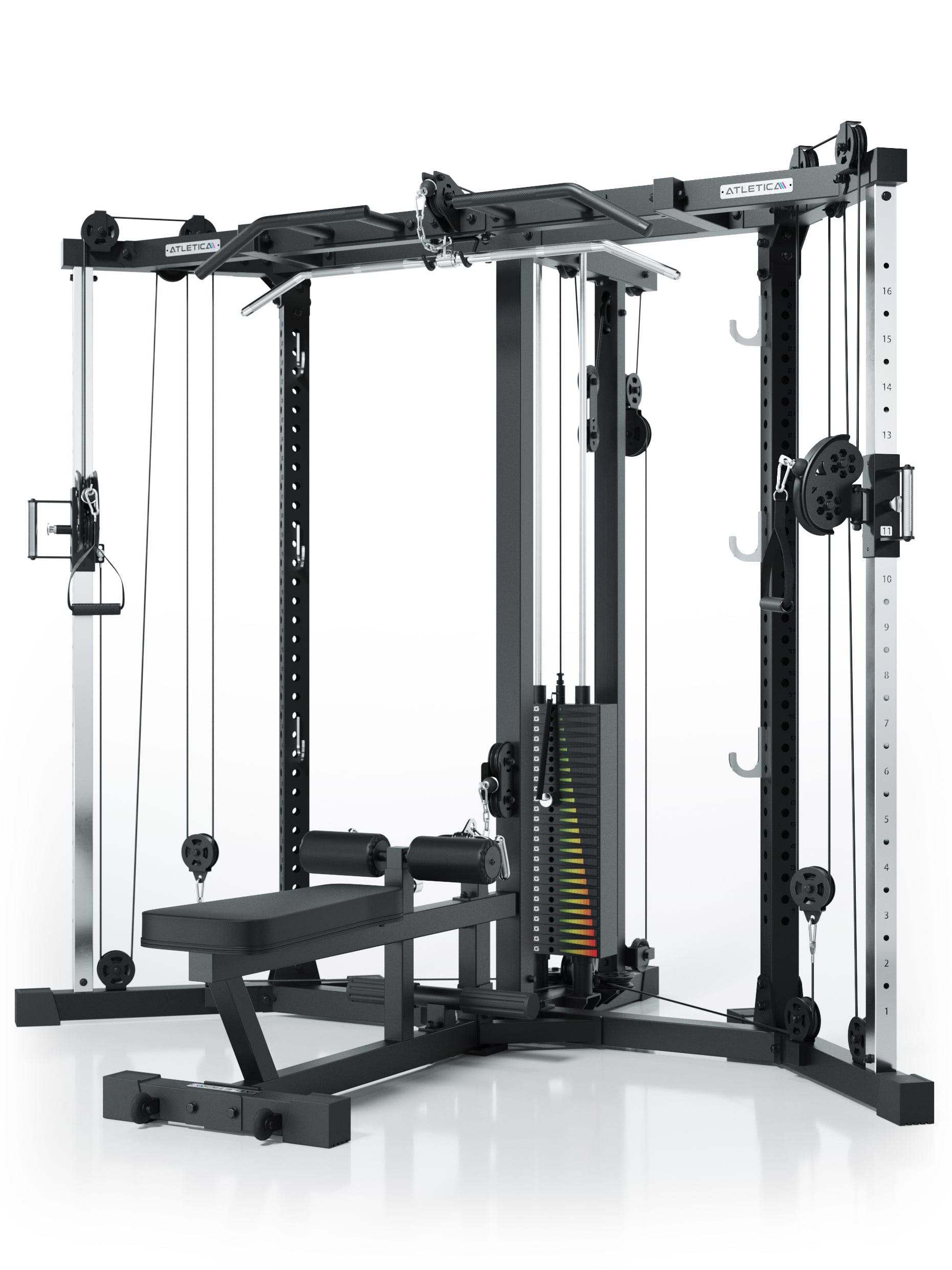 Kabelzugstation für dein Home Gym mit Steckgewichten und
abnehmbarer Hantelbank: