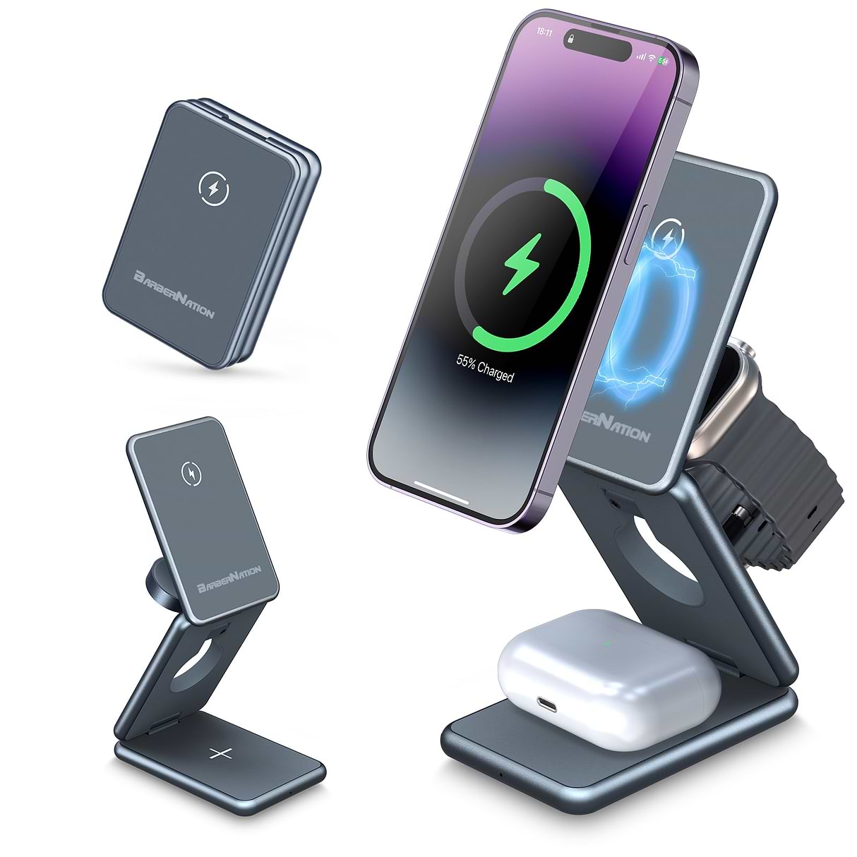 BarberNation 3-in-1 Aluminum Alloy Magnetic Wireless Charger for iPhone, iPods and Apple Watch