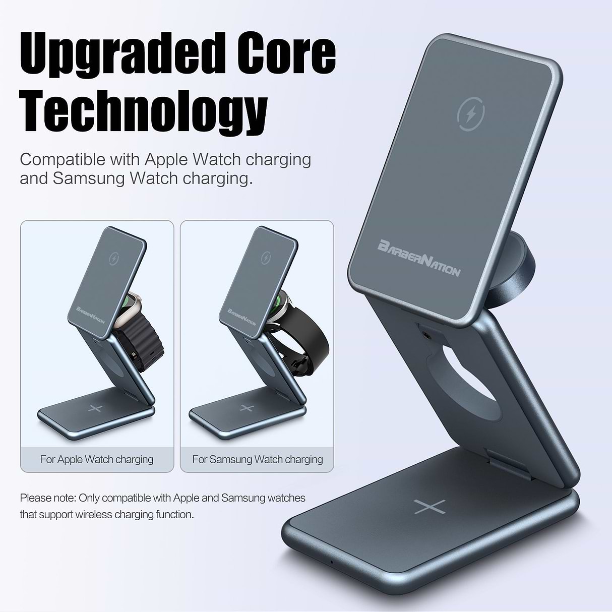BarberNation 3-in-1 Aluminum Alloy Magnetic Wireless Charger for iPhone, iPods and Apple Watch