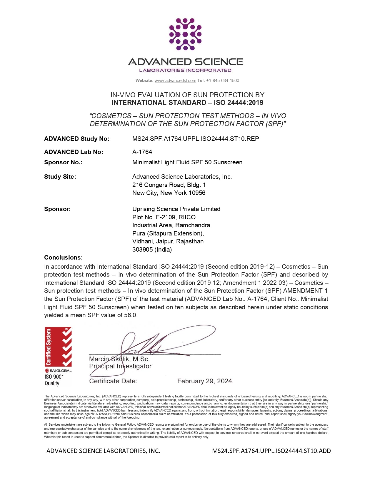Lab certificate