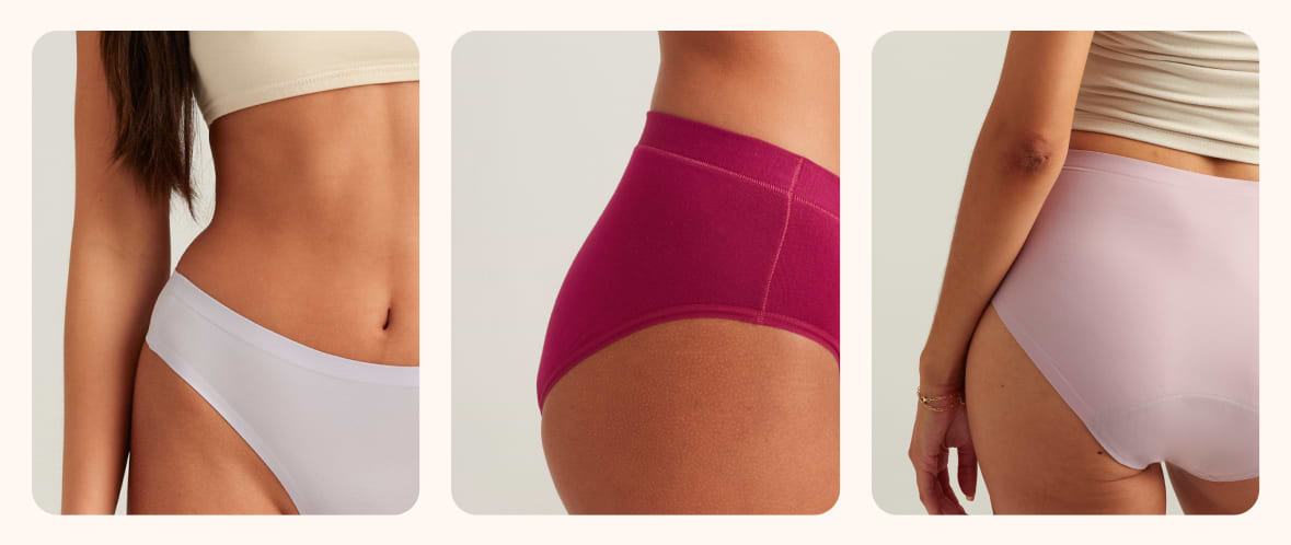 Three models wearing Saalt Wear. The model on the left is facing the viewer, wearing Seamless Leakproof Thong in color soft lavender. Center model wearing Comfort Leakproof Brief in color Rich Ruby. Model on the right is wearing Seamless High Waist in color Sunset Mauve.