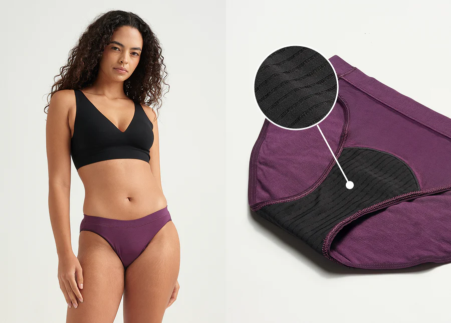 Model wearing purple period underwear beside close-up view showing absorbent inner lining detail.