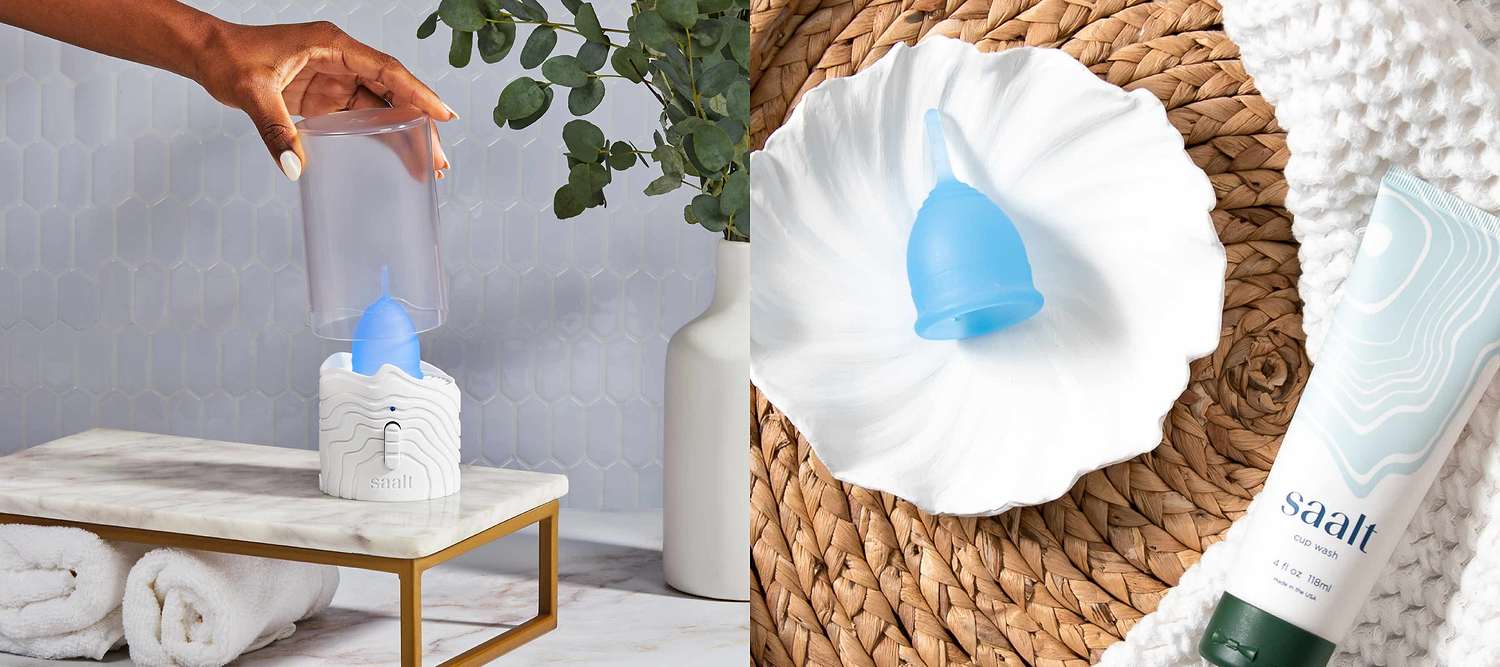 Blue menstrual cup with storage case and wash displayed in clean bathroom and spa-inspired settings.