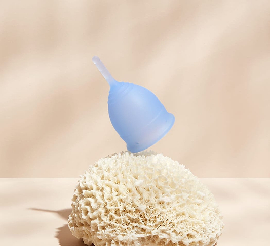 Blue menstrual cup on coral.