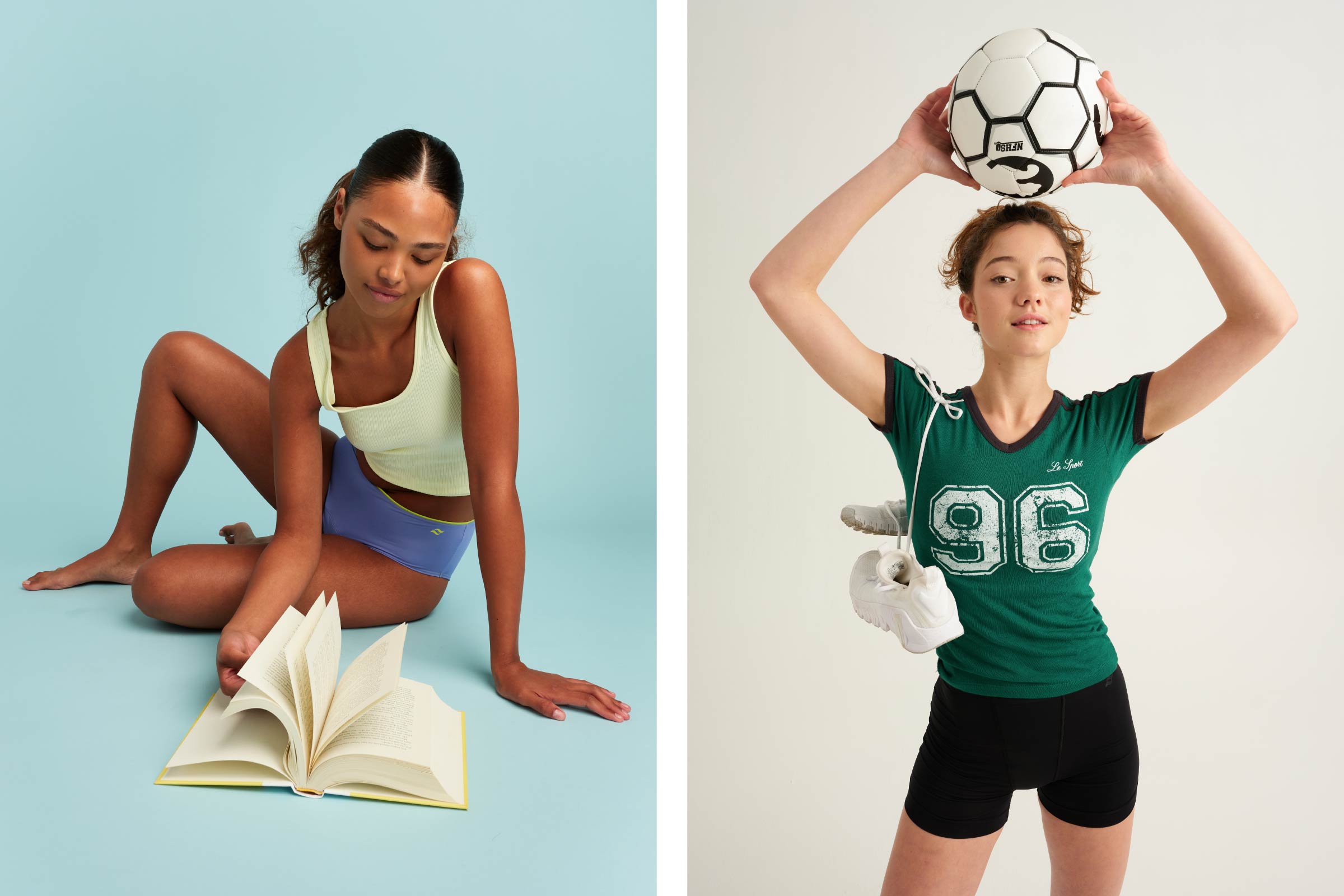 Split image: Left side shows a model wearing Saalt Teen Brief leakproof underwear while thumbing through a book. Right side shows a model wearing Saalt Sport Short leakproof shorts and a sporty short, with running shoes hanging over their shoulder, holding a soccer ball overhead.