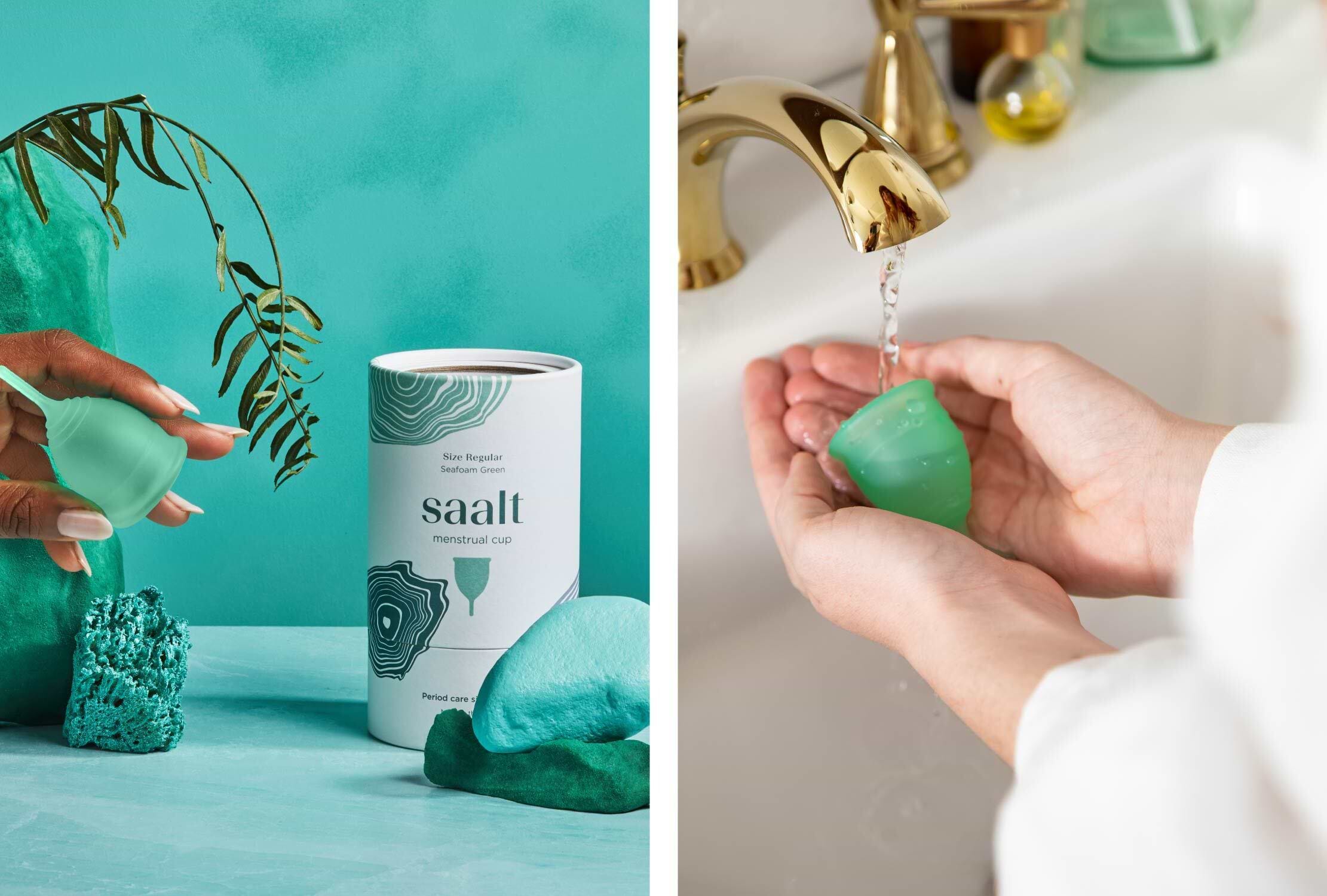 Double view of female hand holding Saalt Menstrual Cup with Packaging and Female hands holding menstrual cup under faucet