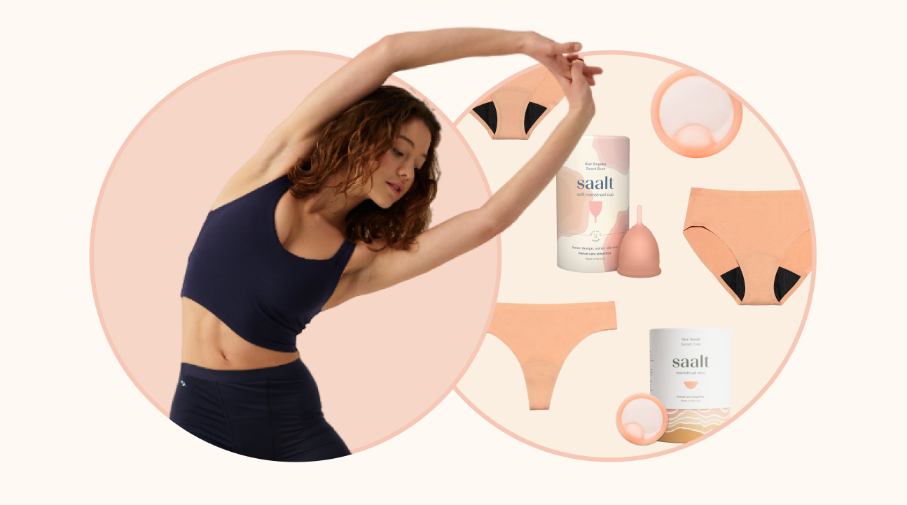 A model in activewear stretches gracefully beside peach-colored period products, including underwear and cups, set against a soft beige background.