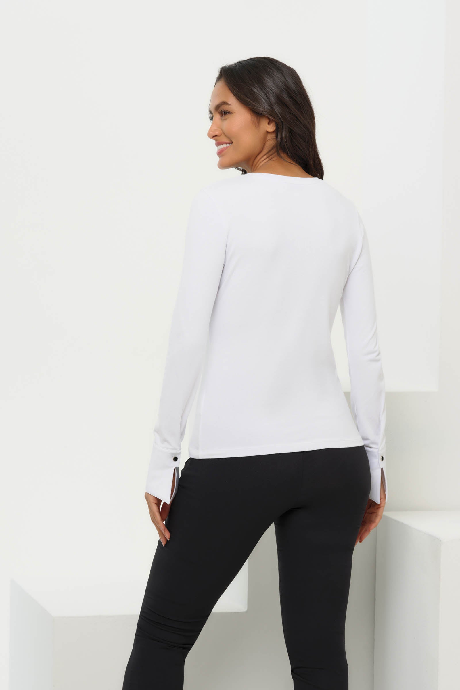 Back view of the Mayven Crewneck Top in White, displaying the clean, structured silhouette.