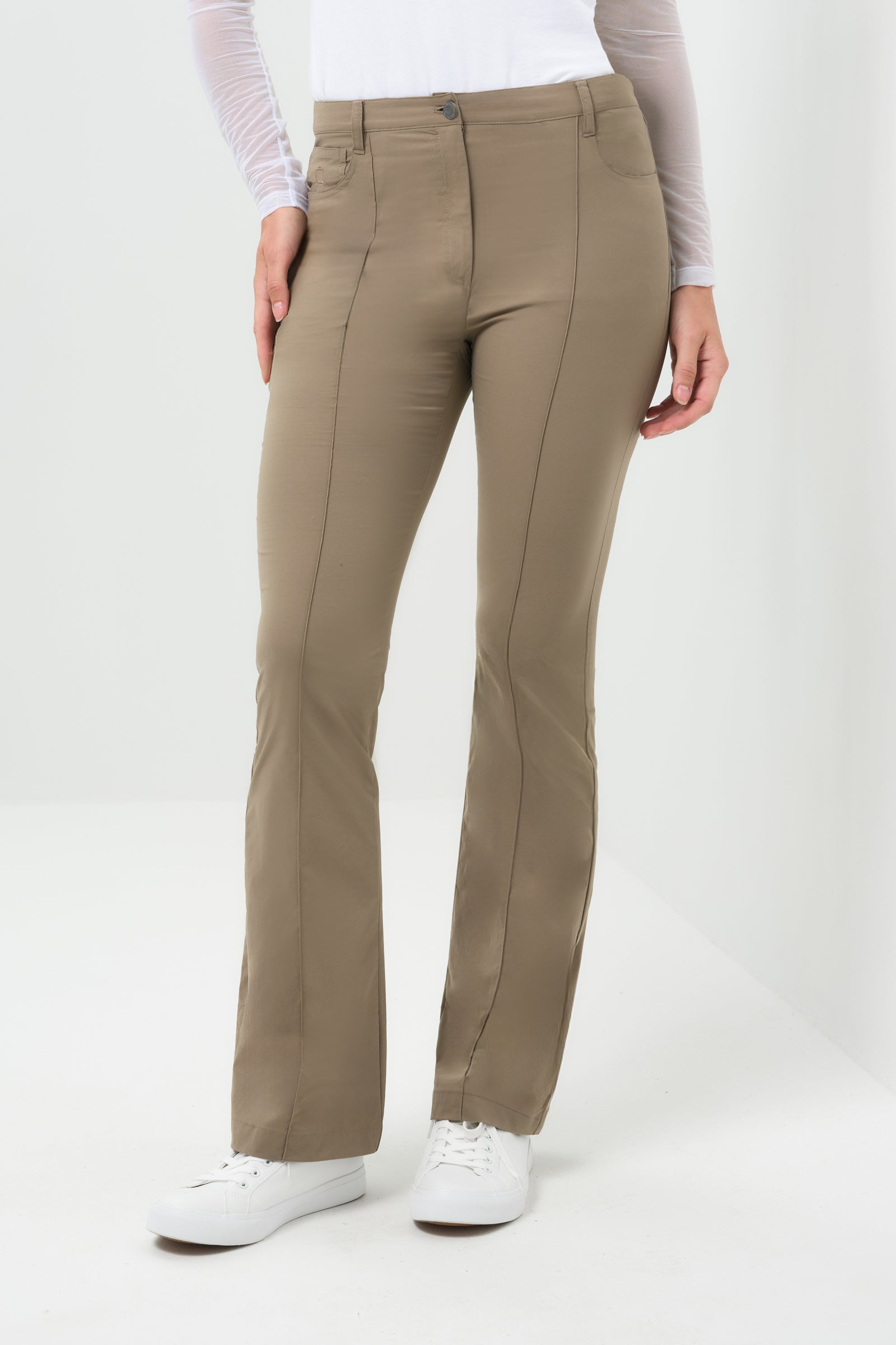 Front view of pant with pintuck seam down the front