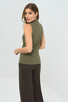 Side view of olive short sleeveless mock neck top