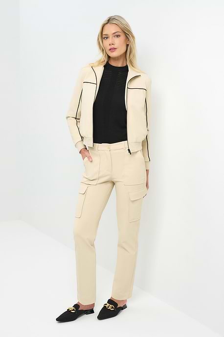 Font view of cream bomber jacket with black pinstripe detailing