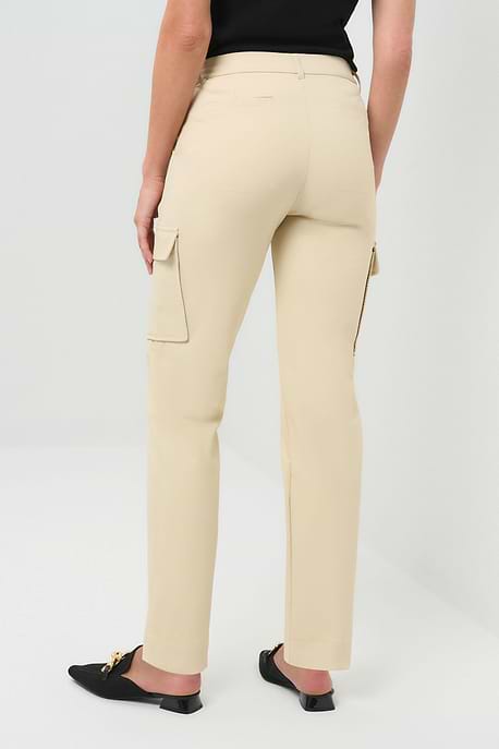 Back view of cream-colored slim-fit cargo pants