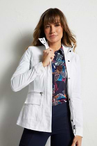 The Best Travel Safari Jacket. Woman Showing the Front Profile of a Safari Jacket in White ||