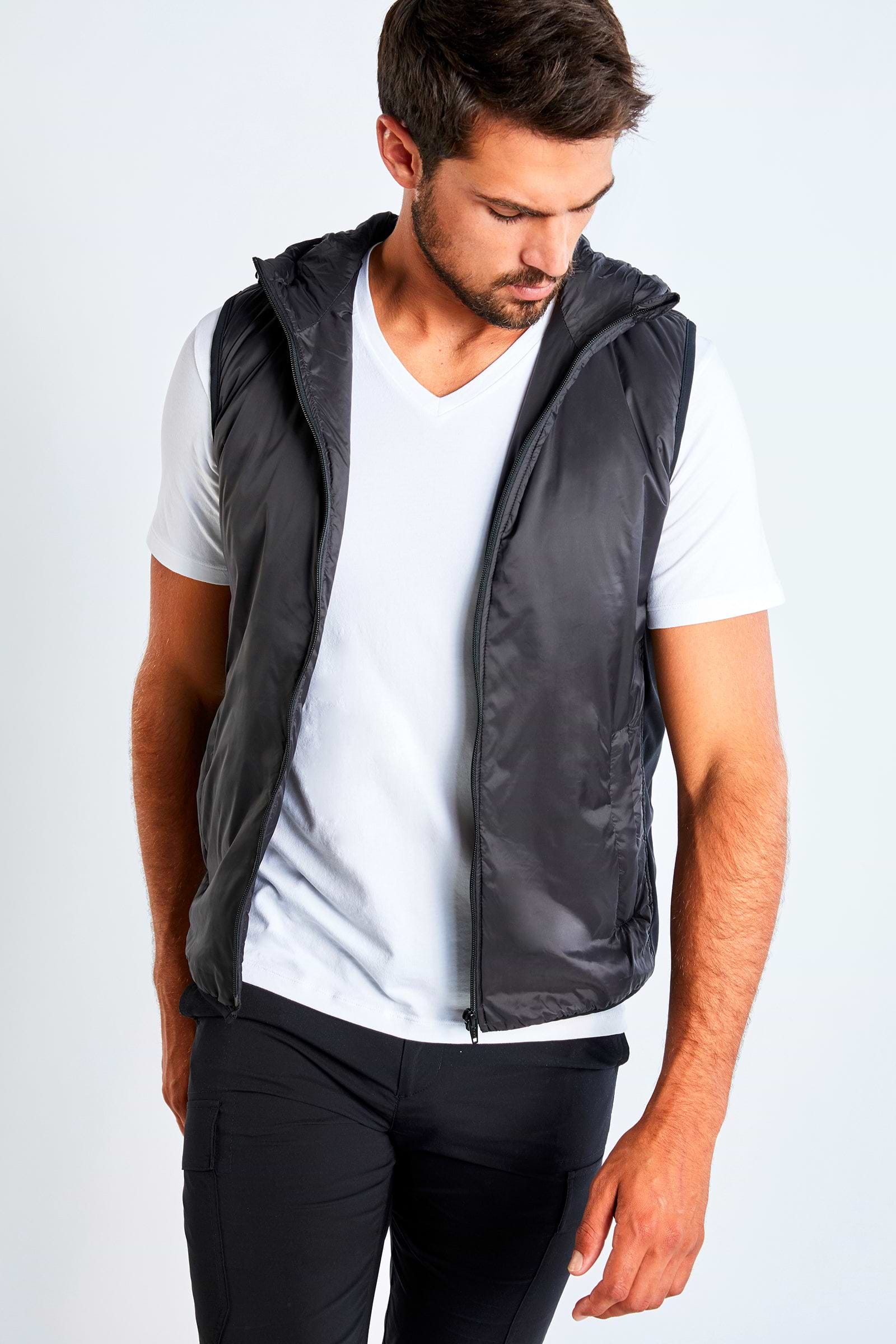 【DISCERNMENT】Mate diagonal hood vest Victorious Men's Layered Hoodie Denim Vest, Distressed