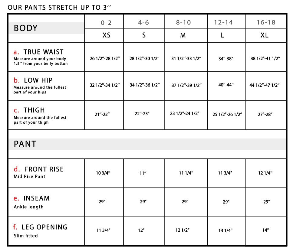 Faith Slim Fit Pant with Zipper Pocket Detail Size Chart