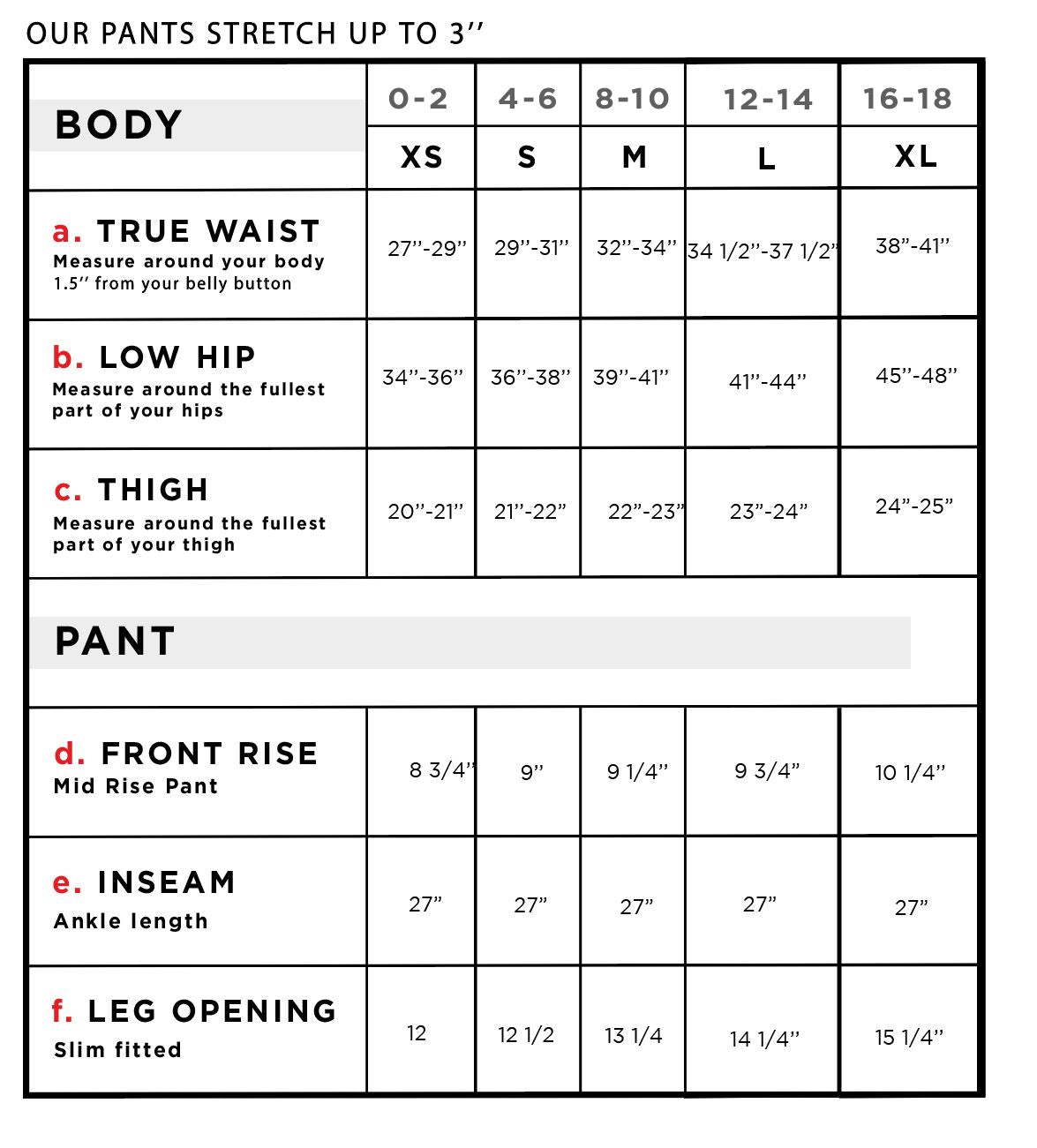 Flora Slim Fit Ponte Pant with Zippers Size Chart