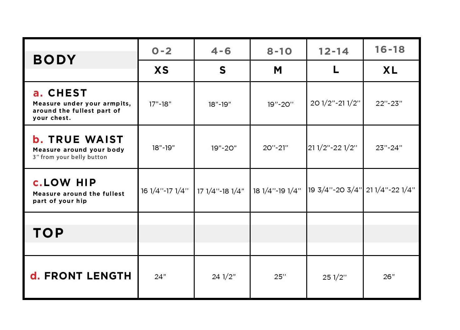 Glenn French Terry Top with Side Slits Size Chart