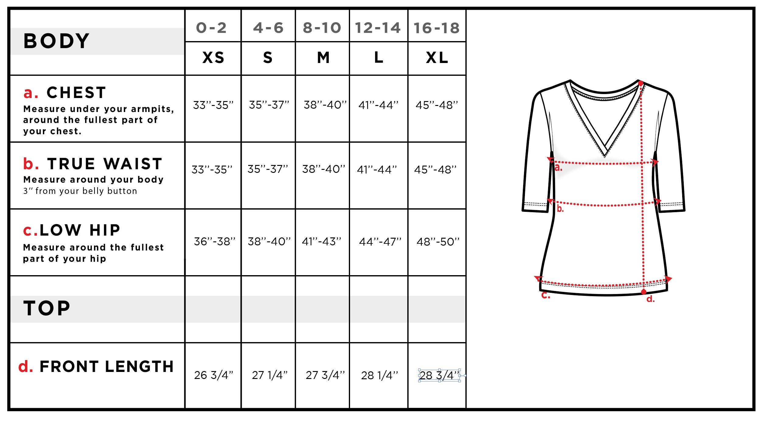 Irma V-Neck Super Jersey 3/4 Sleeve Top Size Chart