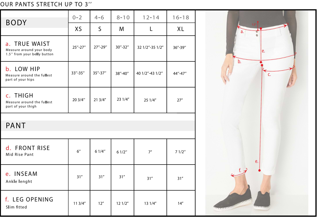 Jenny Camo Ponte Pull-On Cargo Pant Size Chart