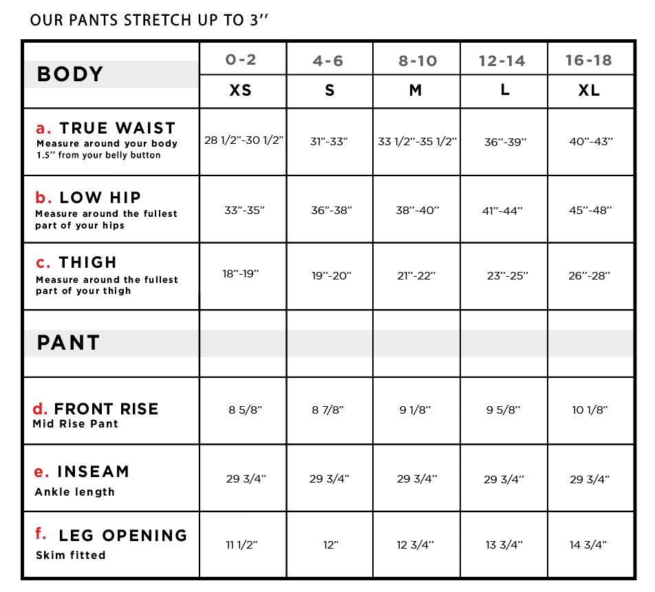 Karo Stretch Twill Cargo Pant Size Chart