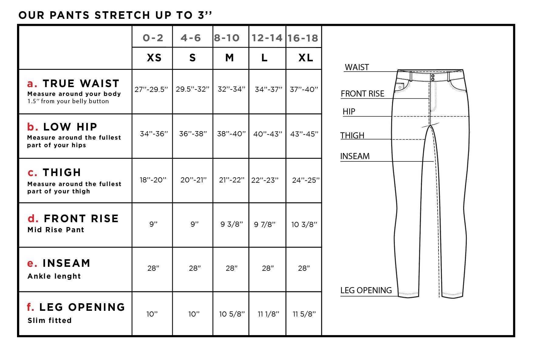 Luisa Five Pocket Slim Fit Pant in Tango Size Chart