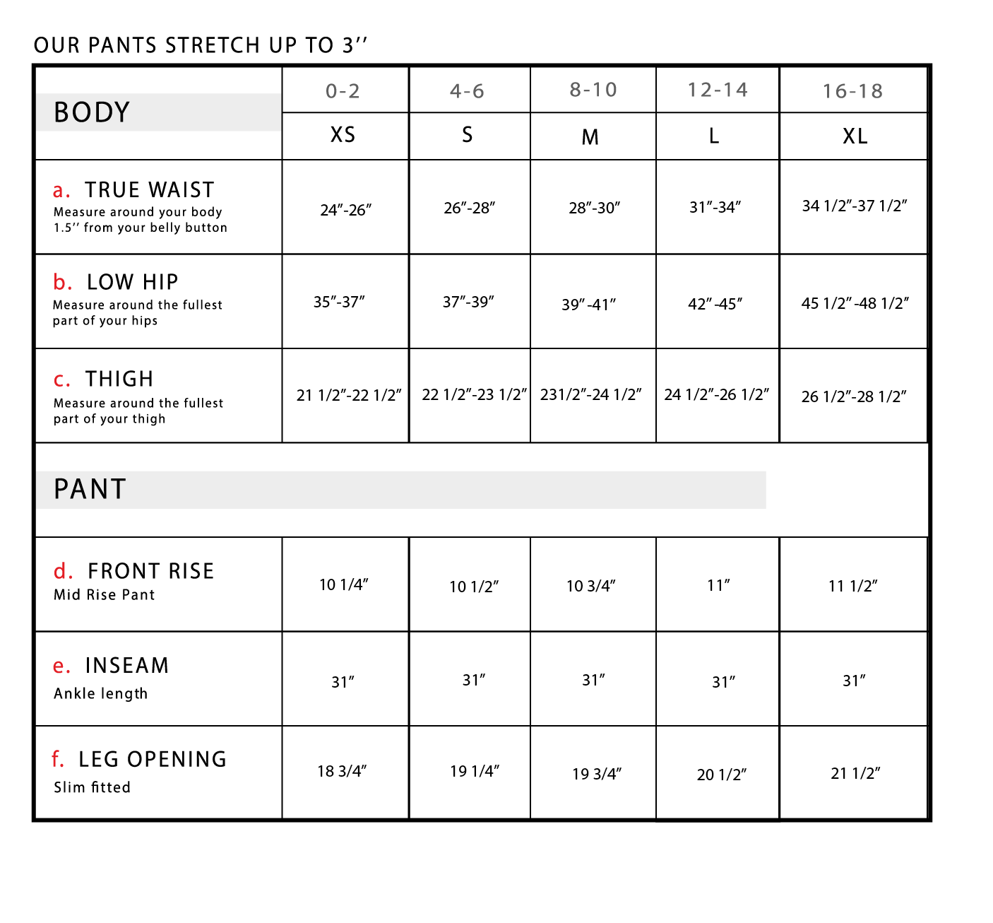 Moana Size chart