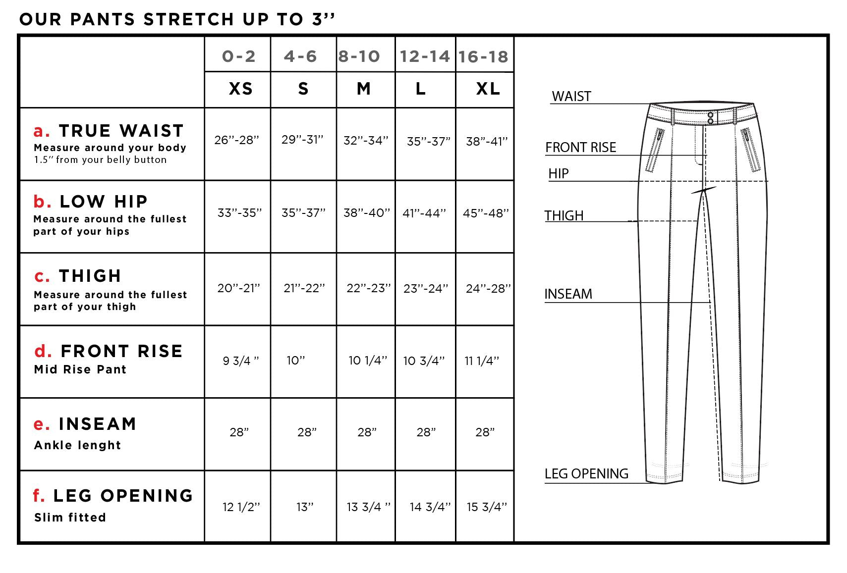 Peggy Curvy Zippered Pants Size Chart