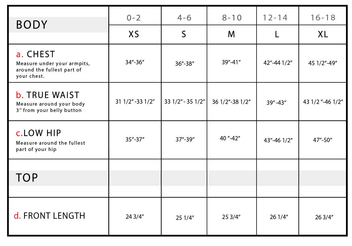 Printed Danica Size Chart