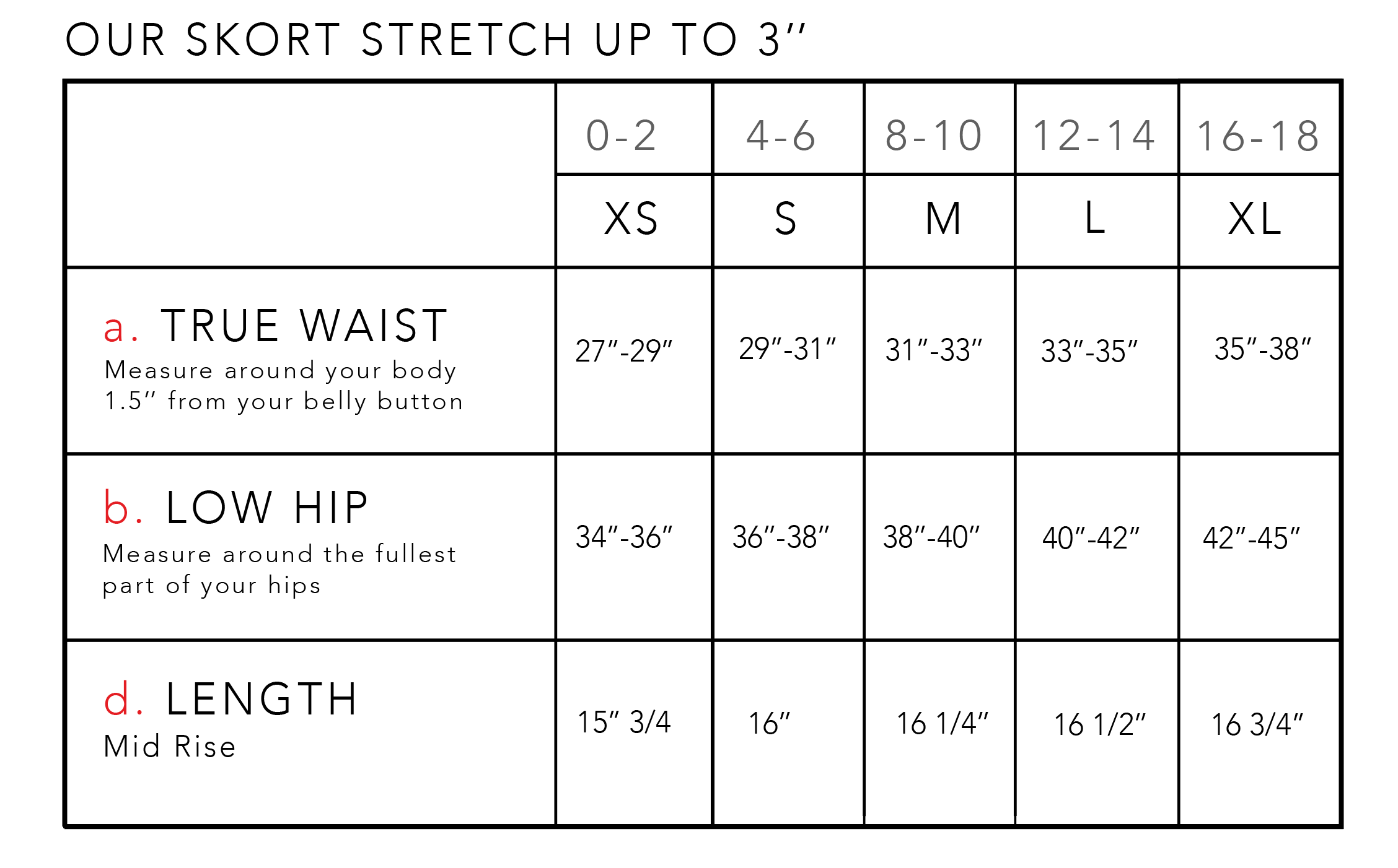 Suzette Sport Luxe Skort Size Chart