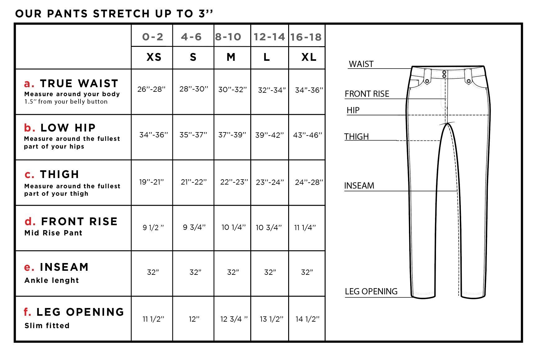 Skyler Signature Skinny Pant in Army Green Size Chart