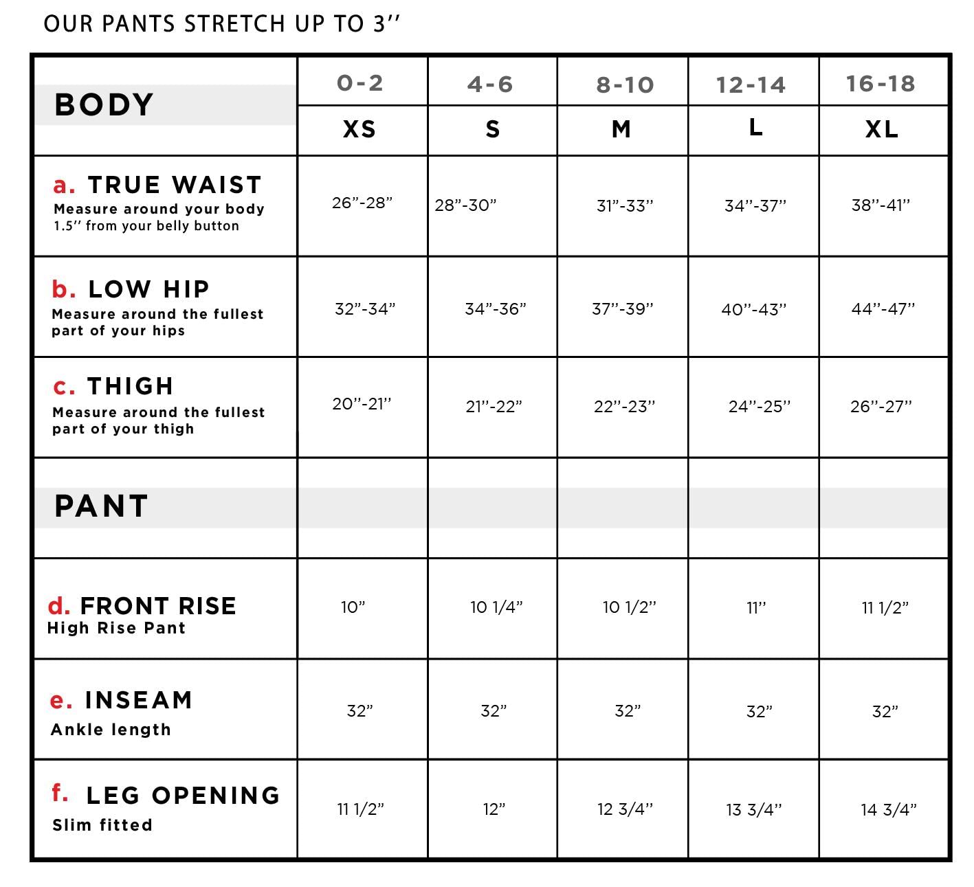 Skyler Stretch Tweed Slim Pant Size Chart