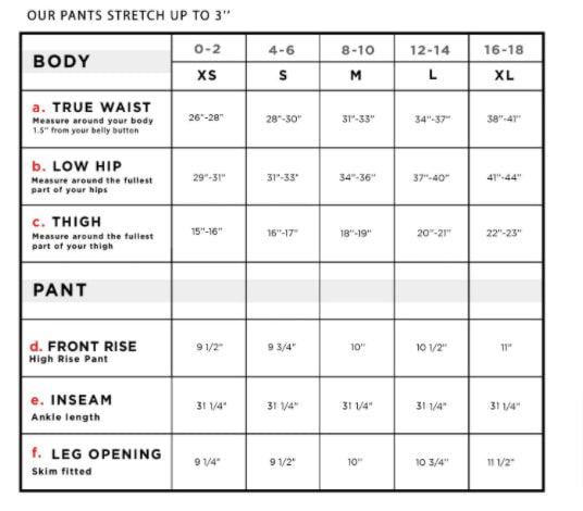 Demi Stretch Denim Jean Pant Size Chart