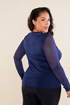 The Best Travel Top. Woman Showing the Back Profile of a Kim Mesh-Sleeve Top in Pima Modal in Navy.