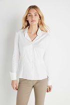 The Best Travel Button Down Poplin Shirt. Woman Showing the Sleeve of an Alida Button Down Poplin Shirt in White