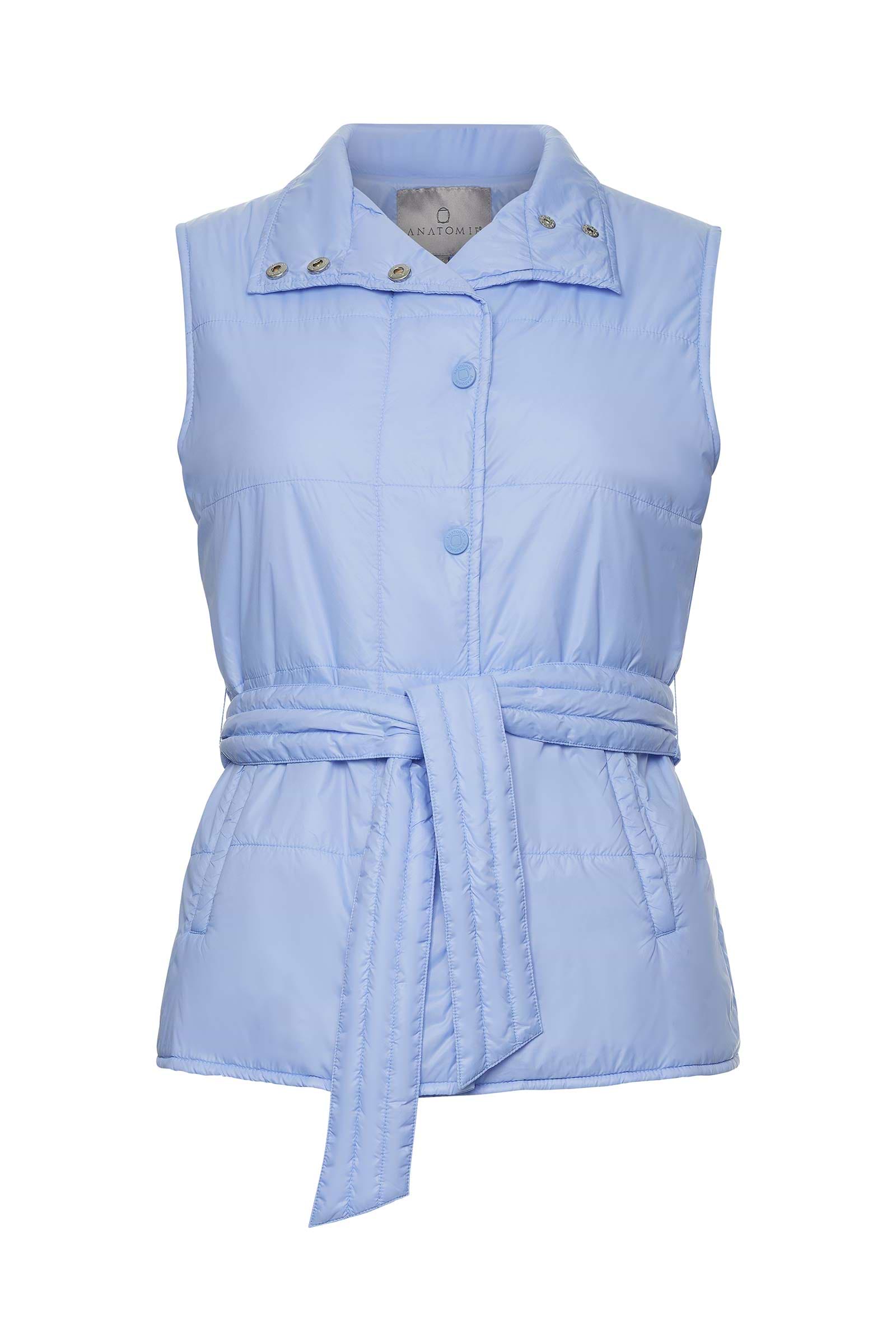 The Best Travel Vest. Flat Lay of an Ainslee Quilted Vest in Periwinkle with the Collar Down