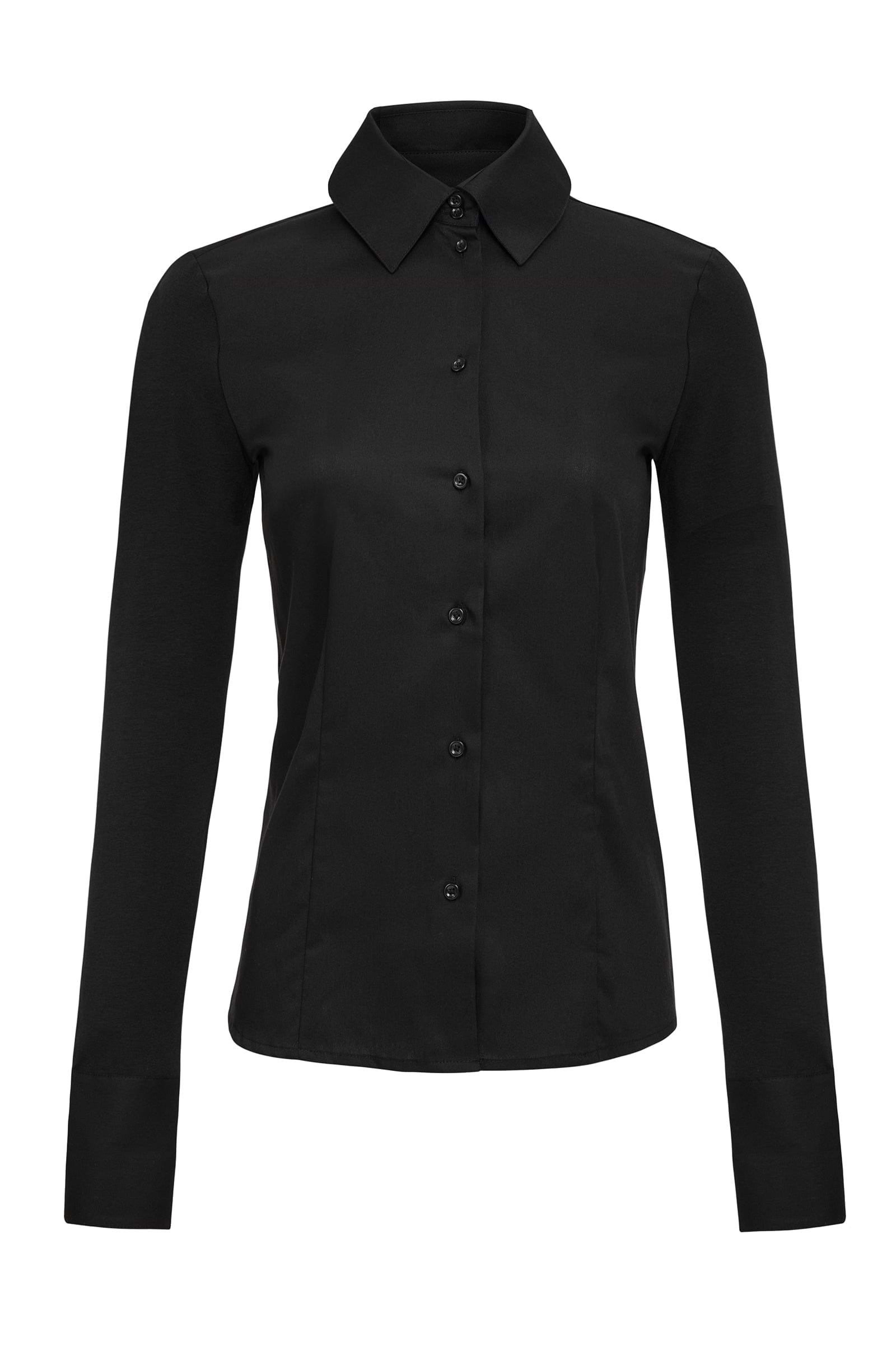 The Best Travel Shirt. Woman Showing the Front Profile of a Alida Button Down Poplin Shirt in Black