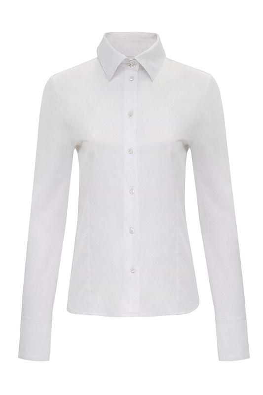 The Best Travel Button Down Poplin Shirt. Flat Lay of an Alida Button Down Poplin Shirt in White