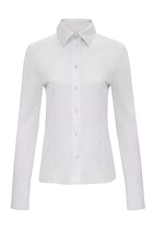 The Best Travel Button Down Poplin Shirt. Woman Showing the Sleeve of an Alida Button Down Poplin Shirt in White