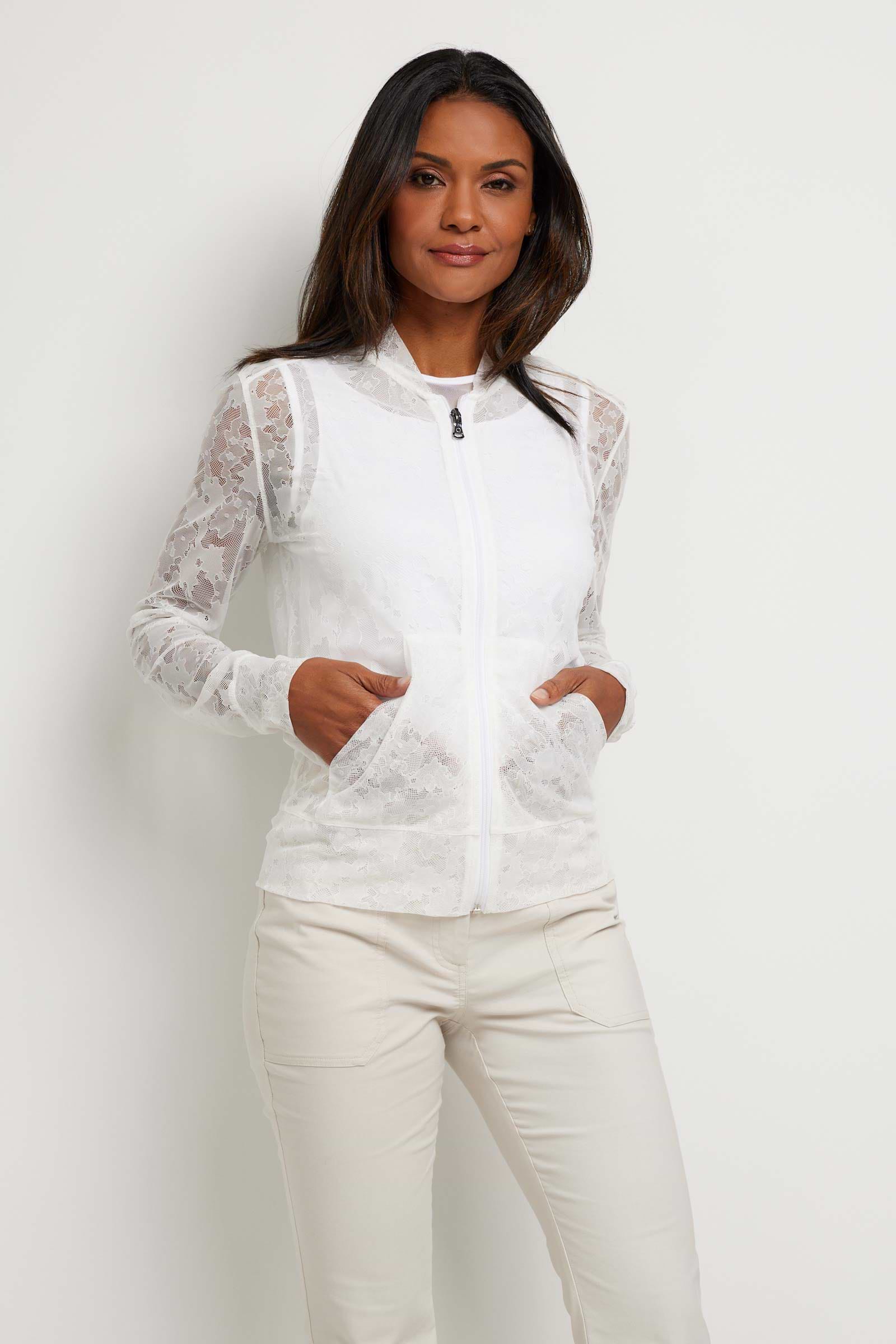The Best Travel Jacket. Woman Showing the Front Profile of a Bailey Camo Mesh Jacket in White.