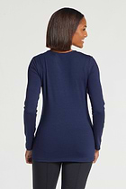 The Best Travel Shirt. Woman Showing the Back Buttons of a Calista Roll up Henley Top in Navy