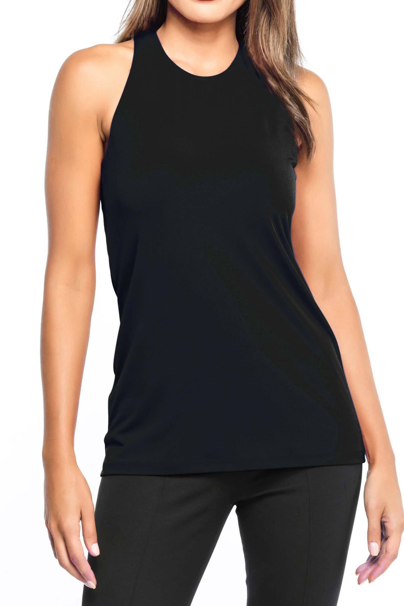 The Best Travel Top. Woman Showing the Front Profile of a Cami Wrinkle Free Travel Tank in Black