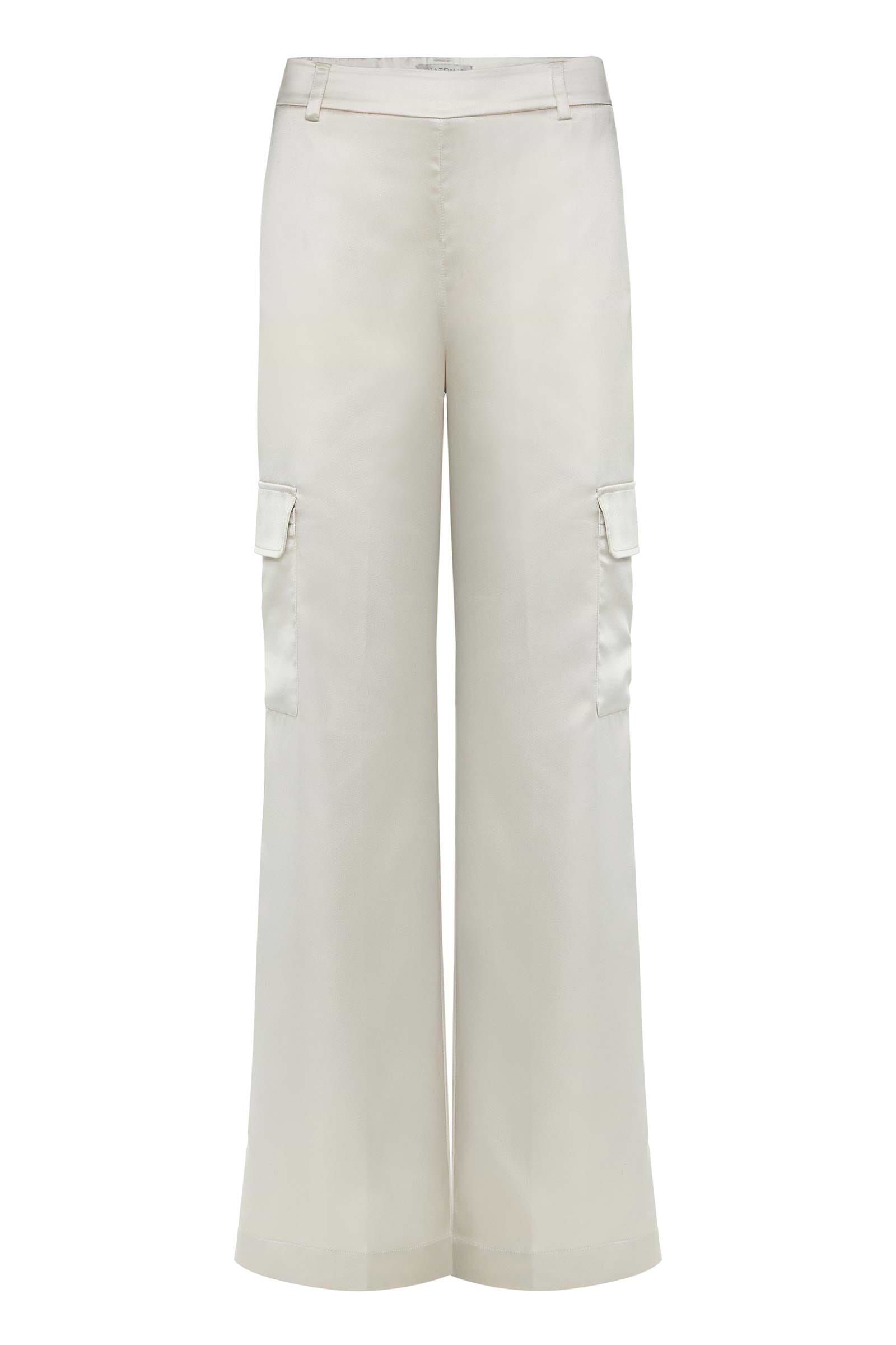 The Best Travel Pant. Flat Lay of a Candela Satin Pant in Stone.