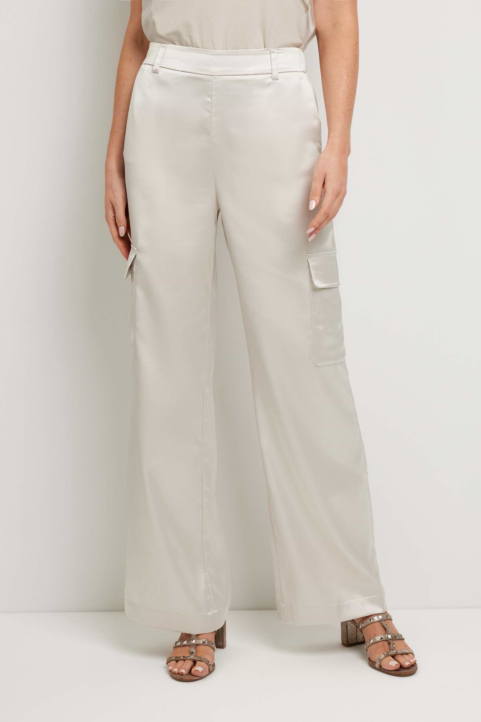 The Best Travel Pant. Front Profile of a Candela Satin Pant in Stone.