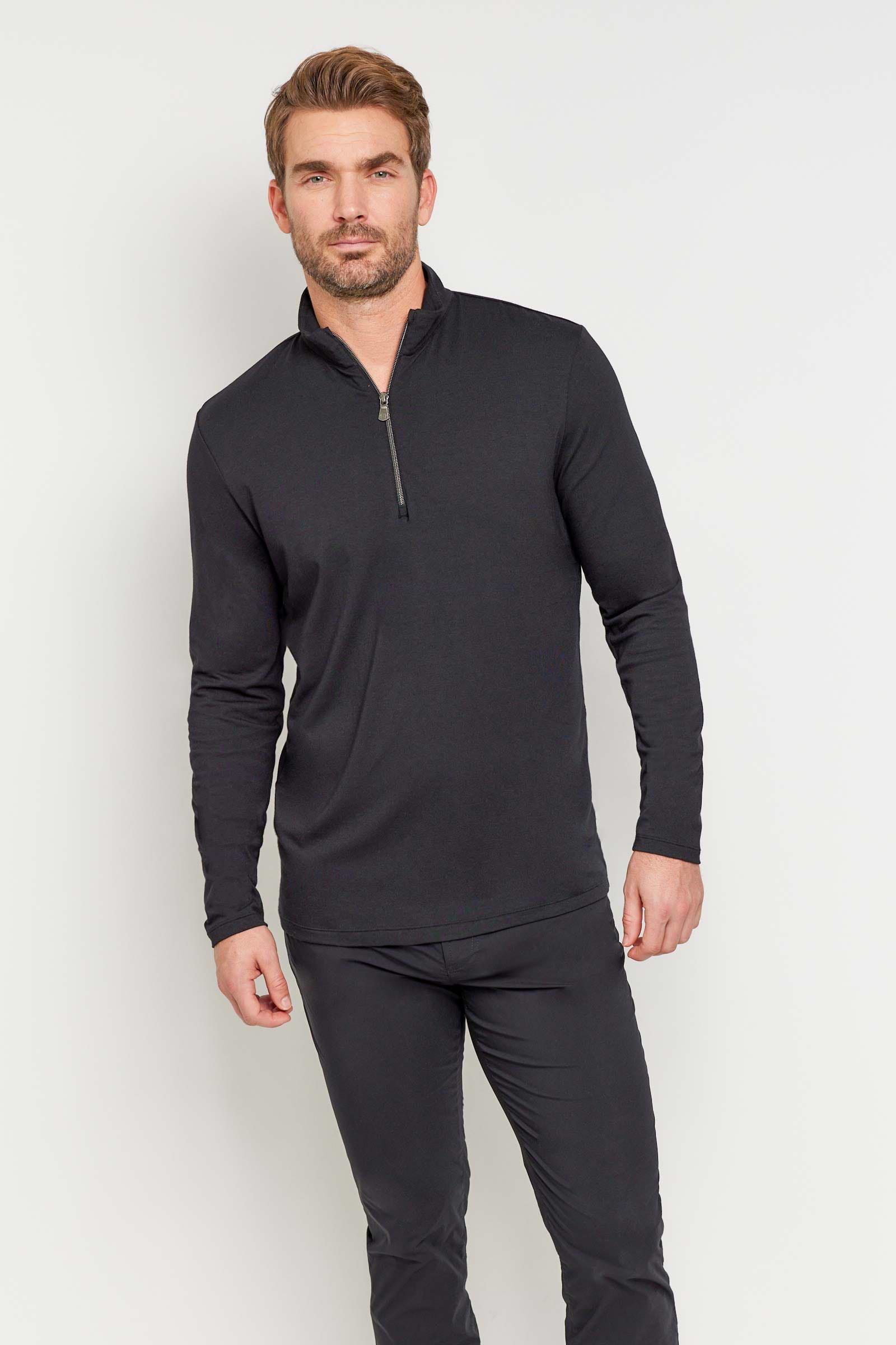 The Best Travel Top. Man Showing the Front Profile of a Men's Charlie Top in Black.