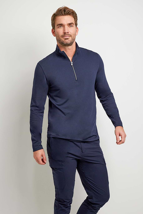 The Best Travel Top. Man Showing the Front Profile of a Men's Charlie Top in Navy.