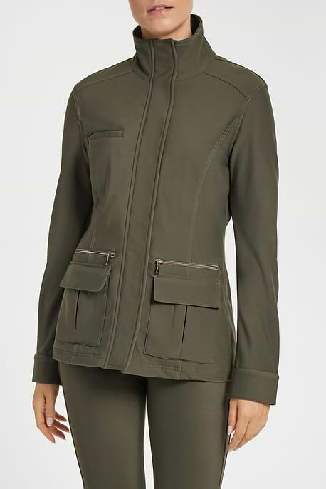 The Best Travel Fleece-Lined Jacket. Woman Showing the Front Profile of a Kenya Cozy Fleece-Lined Jacket in Army Green
