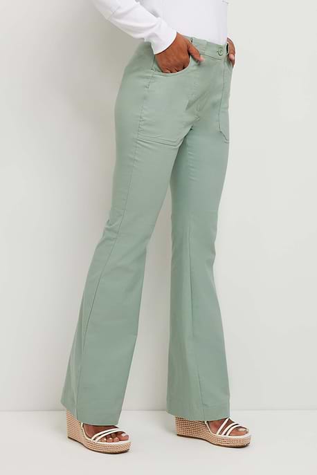The Best Travel Pant. Side Profile of a Darby Pant in Sage.