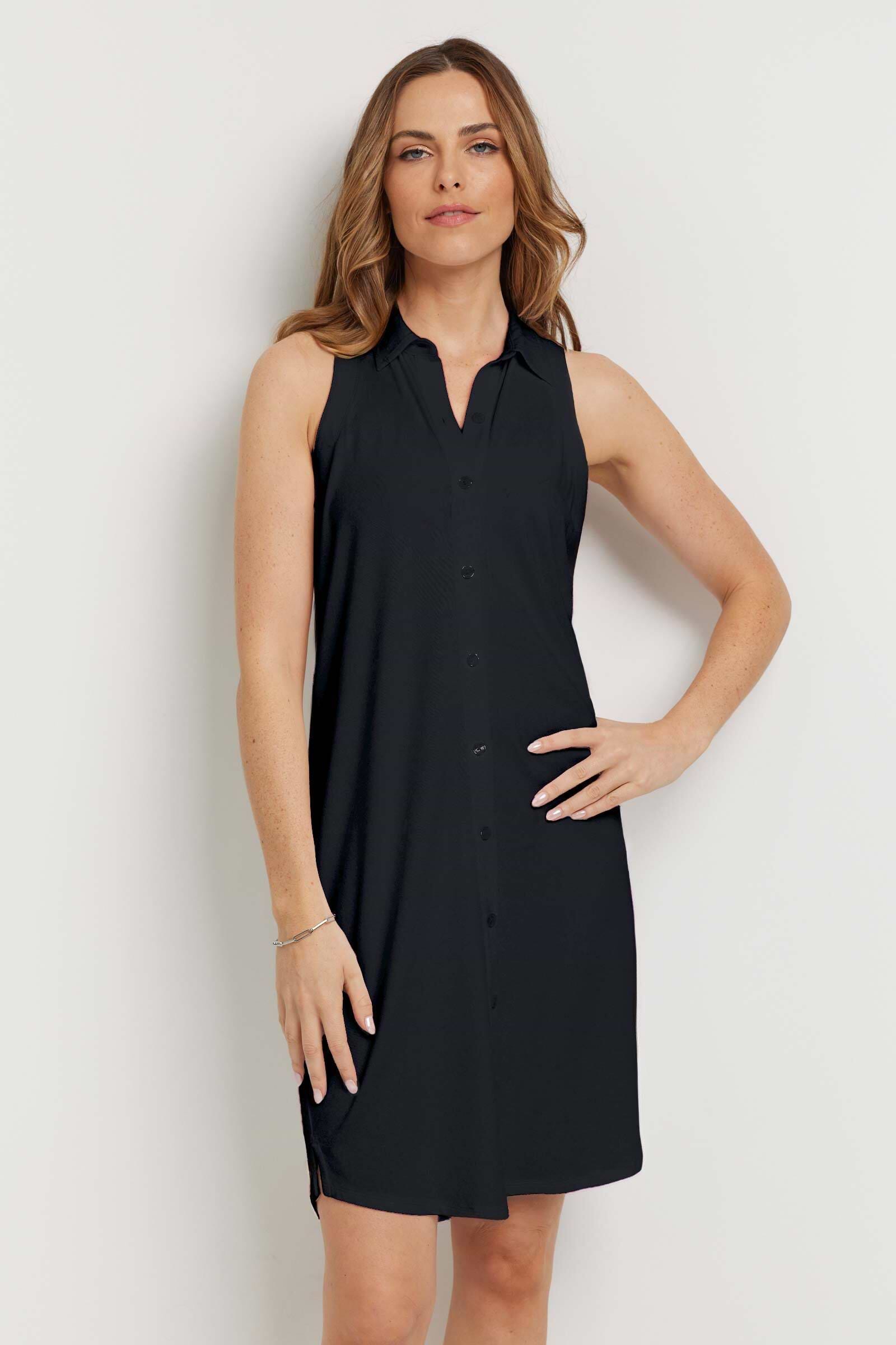 The Best Travel Dress. Woman Showing the Front Profile of an Elise Dress in Black