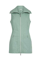 The Best Travel Vest. Flat Lay of the Embossed Delaney Vest in Cheetah Sage.